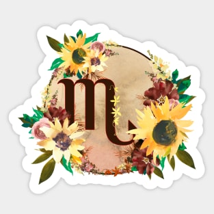 Scorpio Zodiac Horoscope Maroon and Sunflower Floral Monogram Sticker